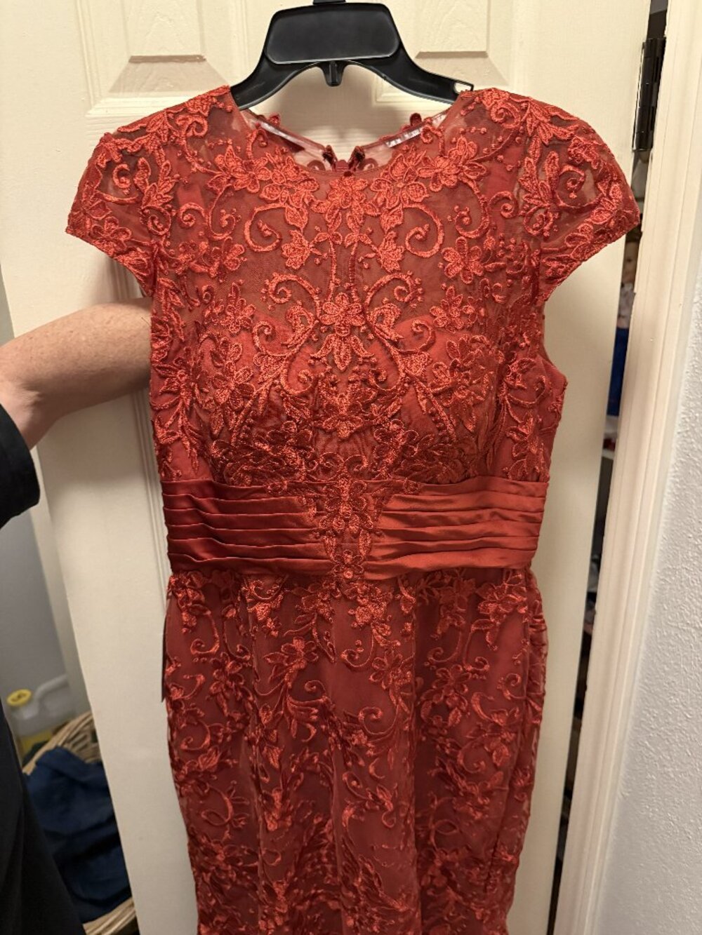 Azazie Rust Terracotta Embroidered Lace Formal Maxi Dress